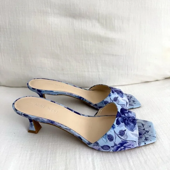Blue Floral Print Kitten Heel Slide Sandals - Picture 3 of 8